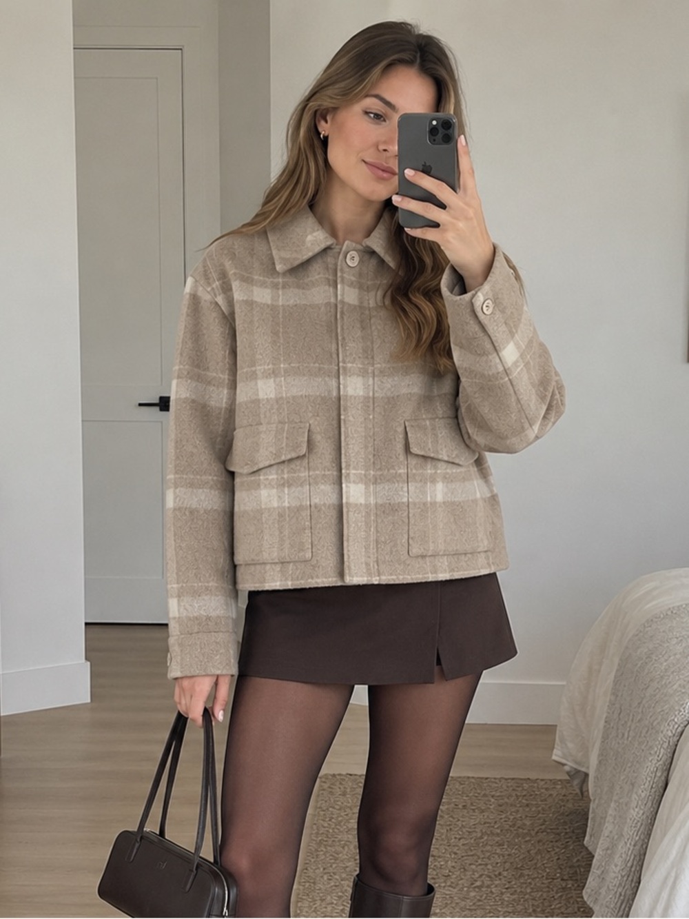 SOIA & KYO Audriana Plaid Wool Blend Jacket Beige Taupe Button Front Size M NWT